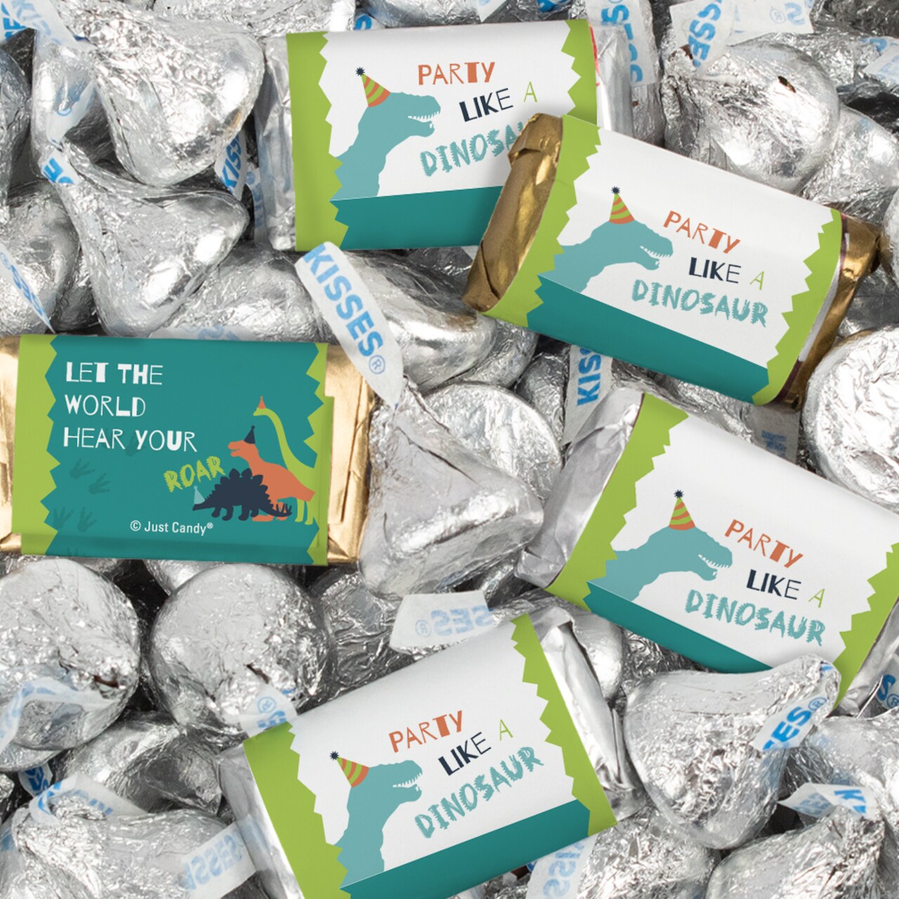 116 Pcs Dinosaur Kid&#x27;s Birthday Candy Party Favors Wrapped Hershey&#x27;s Miniatures and Kisses by Just Candy (1.50 lbs)